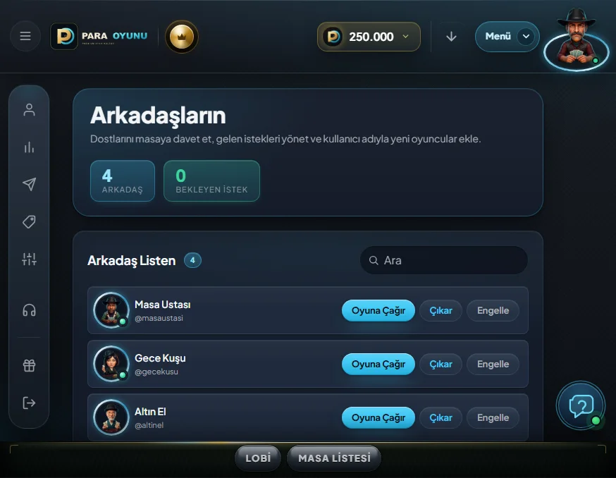 Arkadaş listesi ve çevrimiçi durum arayüzü