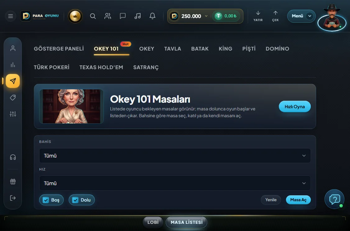 Oyun lobisi / masa listesi maketi