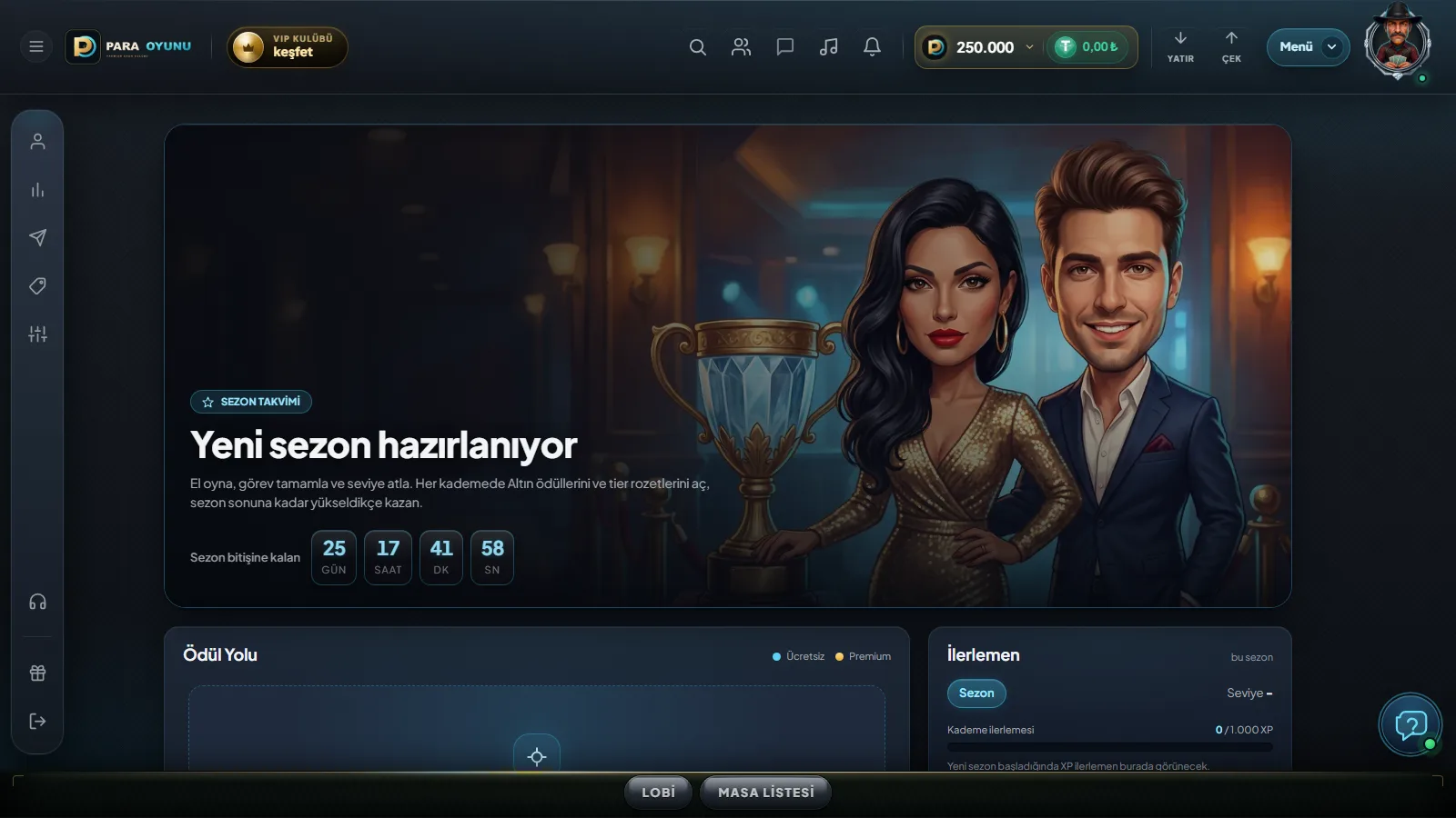 Sezon sayfası: kademeler, ücretsiz ve premium ödüller